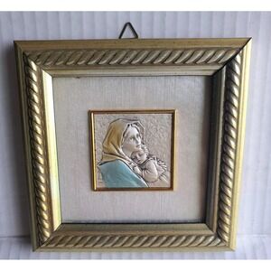 Vintage Italian Madonna and Child 925 Silver Bas Relief Framed Art Plaque 5.5"